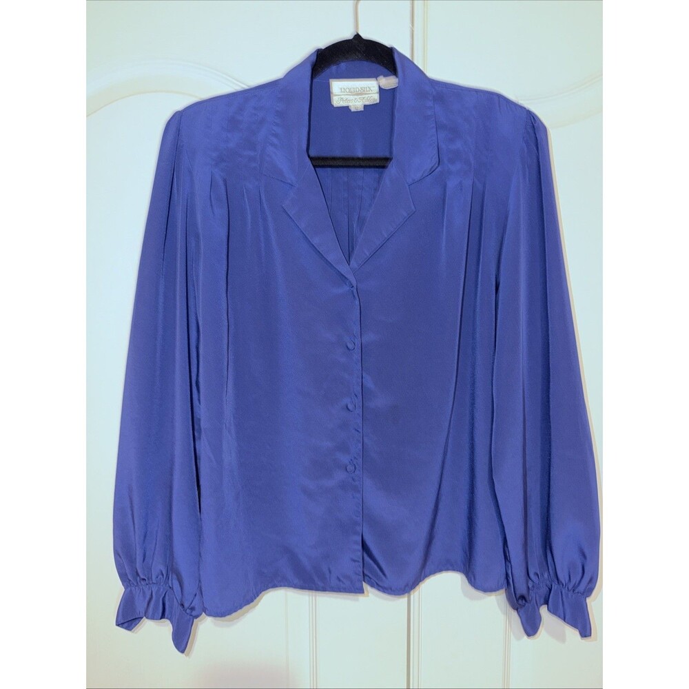 VTG Peters & Ashley Liquid Silk Blouse Blue Long Sleeve Size 10 Button Pleats